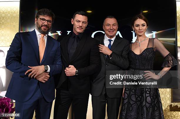 Guido Terreni, Luke Evans, CEO BVLGARI Jean-Christophe Babin and Olga Kurylenko attend Bvlgari Cocktail at Baselworld 2016 on March 16, 2016 in...