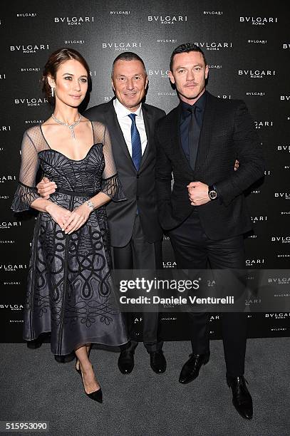 Luke Evans, CEO BVLGARI Jean-Christophe Babin and Olga Kurylenko attend Bvlgari Cocktail at Baselworld 2016 on March 16, 2016 in Basel, Switzerland.