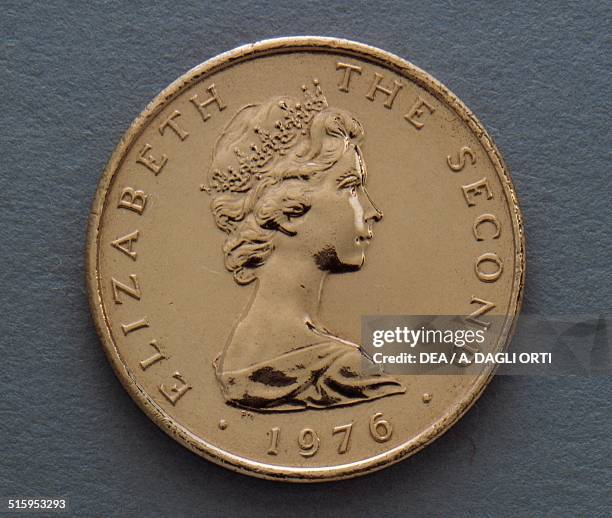 Pence coin obverse, queen Elizabeth II . Isle of Man, 20th century.