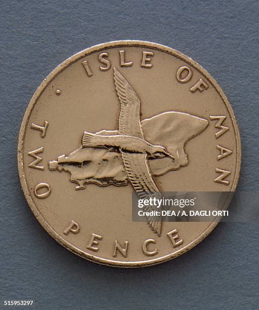 Pence coin reverse, seagull. Isle of Man, 20th century.