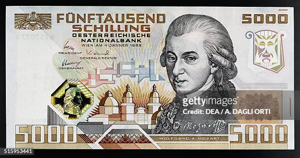 Schilling banknote obverse, Wolfgang Amadeus Mozart . Austria, 20th century.