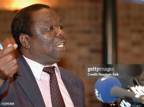 Morgan Tsvangirai, the leader of Zimbabwe's oppositon party, the Movement for Democratic Change , speaks at a press conference on October 28, 2004 in...