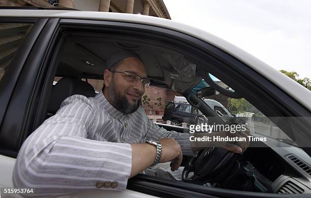 Lok Sabha MP and AIMIM President Asaduddin Owaisi leaves after attending the Parliament Budget Session on March 16, 2016 in New Delhi, India. Just...