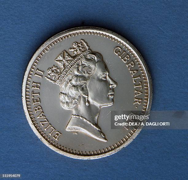 Pence coin obverse, queen Elizabeth II Windsor . Gibraltar, 20th century.