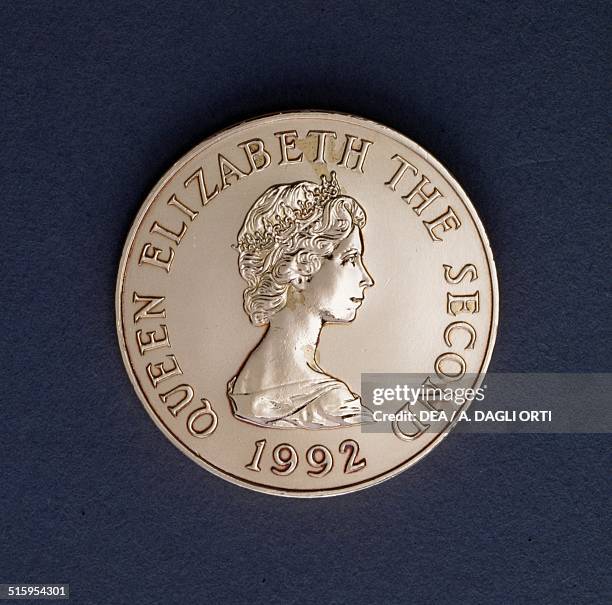 Pence coin obverse, queen Elizabeth II . Jersey, 20th century.