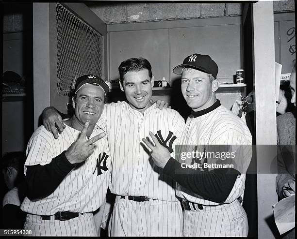 New York, NY: Yankee heroes ot today's fourth World Series game show signs of victory in the dressing after 6-2 triumph over the Brooklyn Dodgers....