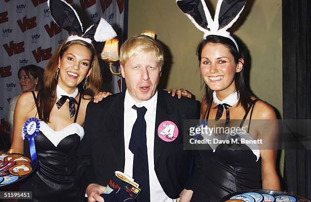 Boris Johnson with UK TV Bunny Girls attend the 25th anniversary and book launch party for cult adult comic, Viz Magazine, at the Cafe de Paris on...