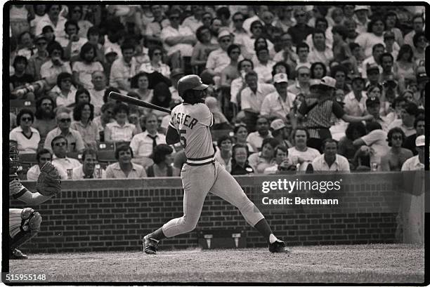 Chicago, Illinois- Cincinnati Reds outfielder George Foster hits a two-run double off the left field wall in the 7th inning to snap 4-4 tie and help...