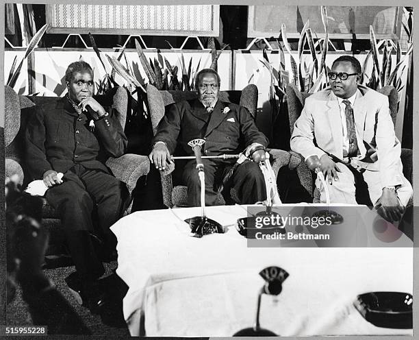 Nairobi, Kenya- Presidents Kenneth Kaunda of Zambia and Jomo Kenyatta of Kenya are shown with Prime Minister Mohamed Ibrahim Egal of Somalia on the...