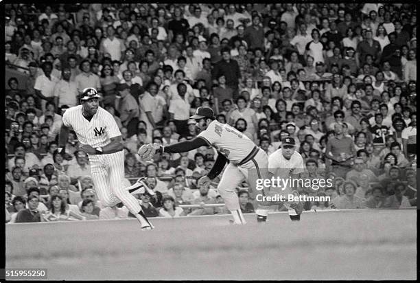 New York, NY- California Angels' third baseman Ron Jackson puts the tag on Dave Winfield of the New York Yankees 8/20 after Yankees' Don Baylor...