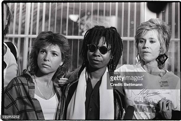 Kristy McNichol, Whoopi Goldberg, and Jane Fonda are pictured shortly before they joined more than two-dozen other celebrities who set off from MGM...