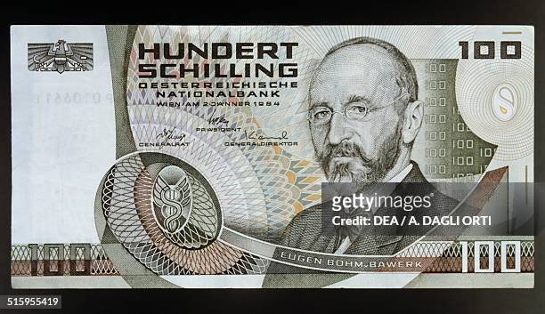 Schilling banknote obverse, Eugen Ritter von Bohm-Bawerk . Austria, 20th century.