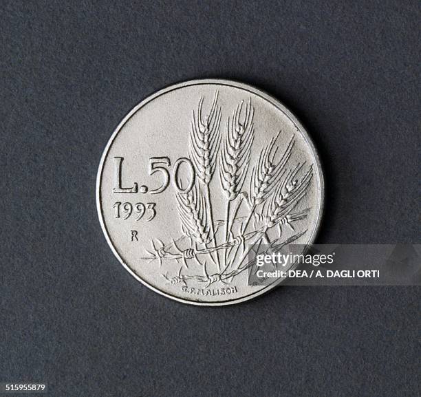 Lire coin, 1993 reverse, ears of wheat. Republic of San Marino, 20th century.