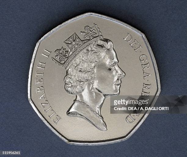 Pence coin obverse, queen Elizabeth II . United Kingdom, 20th century.