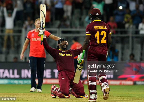 Chris Gayle of the West Indies celebrates his century during the ICC World Twenty20 India 2016 match between West Indies and England at the Wankhede...