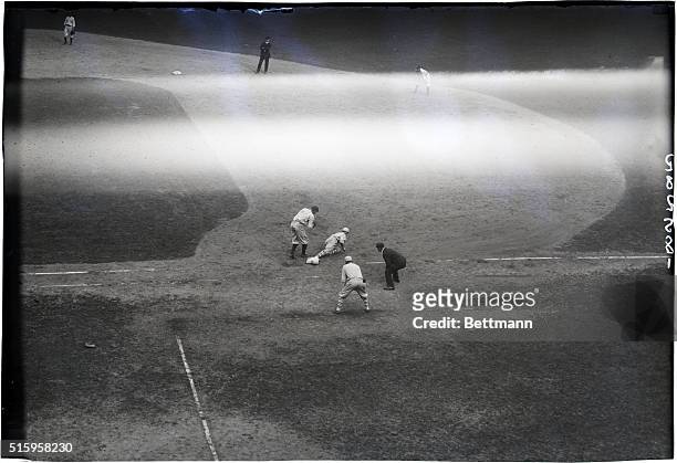 Giants' second baseman Frankie Frisch slides back to first base in the fifth inning of the second game in the World Series. The game, between the...
