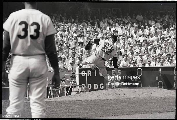 Los Angeles, CA: Jim Palmer, the Orioles 20-year-old right hander, pitching strong in the third inning, held the Dodgers scorelesswhile allowing one...
