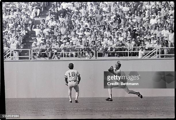 Los Angeles, CA-New York Yankees' Dave Winfield is shown running to catch a pop fly ball in the second inning of game five of the World Series at...