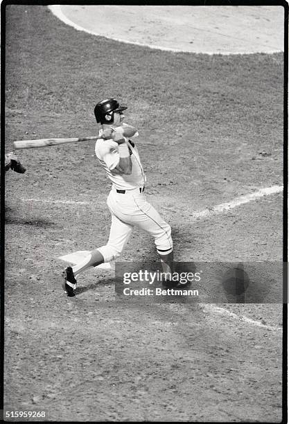 Boston, MA-The waiting is all over as Red Sox Carl Yastrzemski watches his 400th home run ball land in Oakland's bullpen during the 7th inning at...