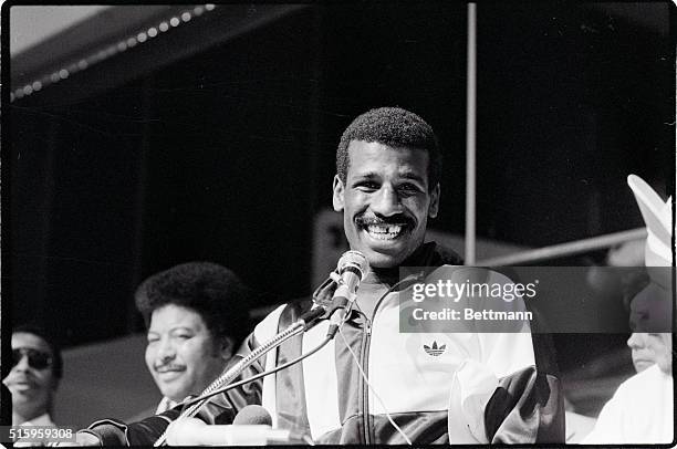 Las Vegas, NVMichael Spinks has a big smile for the media at a press conference following his 15 round split decision over Larry Holmes to keep his...