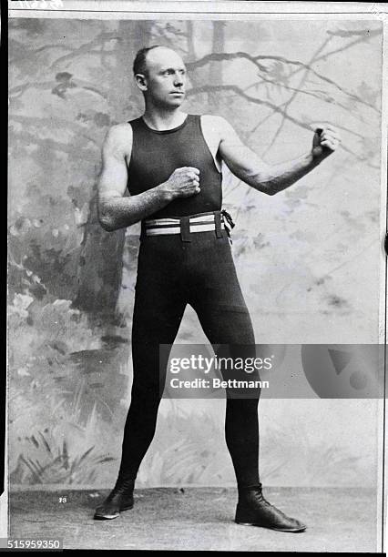 Portrait of pugilist Robert P. Fitzsimmons , who won the world heavyweight championship from James J. Corbett on March 17th, 1897. Undated photograph.