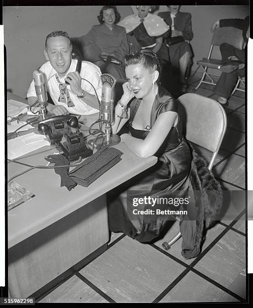 Judy Garland, , movie star, is shown here making her first appearance since her attempted suicide, on the Jack Eigen Show this morning.