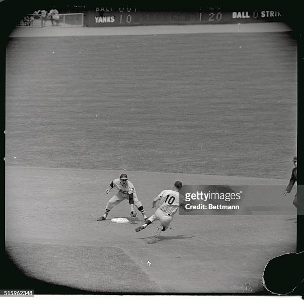 Yankees verses Orioles at Yankee stadium here. Kubek is safe at second, when Hansen missed Triandos throw, and Kubek went to third and later scored...