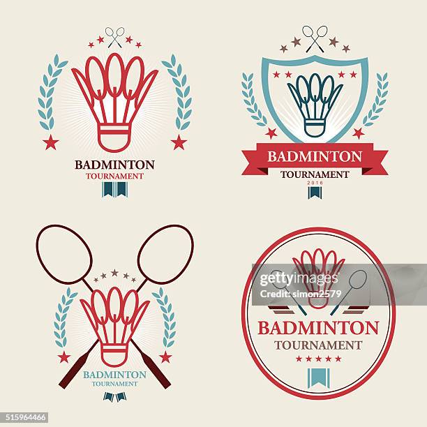 badminton-turnier set emblem - federball stock-grafiken, -clipart, -cartoons und -symbole