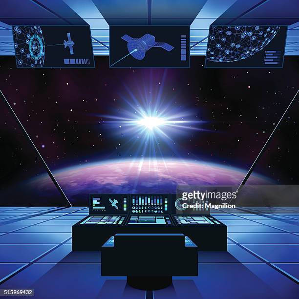 ilustraciones, imágenes clip art, dibujos animados e iconos de stock de interestelar viaje en una nave espacial - cabina interior del vehículo