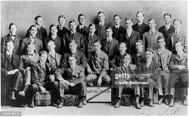 Franklin D. Roosevelt in his class picture from Harvard, top row, 3rd from left, the Harvard Crimson. Undated photograph.