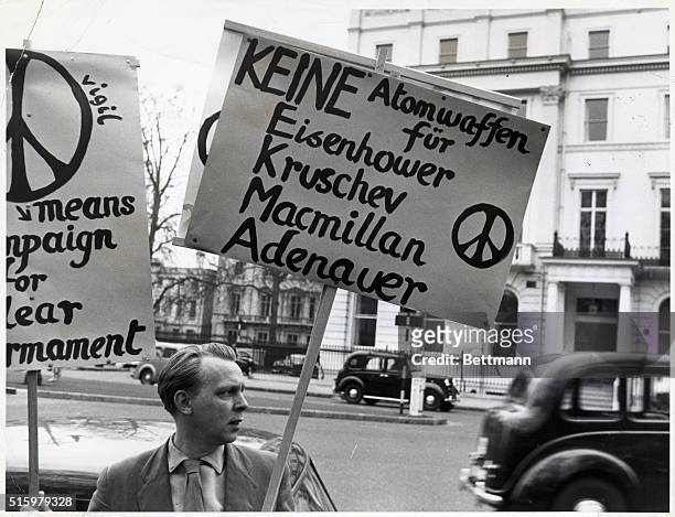 London, England: Anti-bomb demonstration in London in front of German Embassy during Adenuer state visit to England. 1950's.