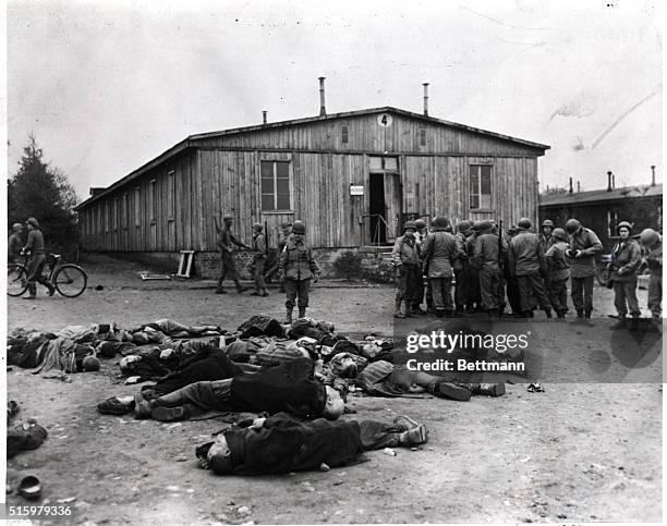 World War II concentration camp at Ohrduf, freed by American soldiers. Polish and Russian victims of atrocities seen in foreground. Undated...