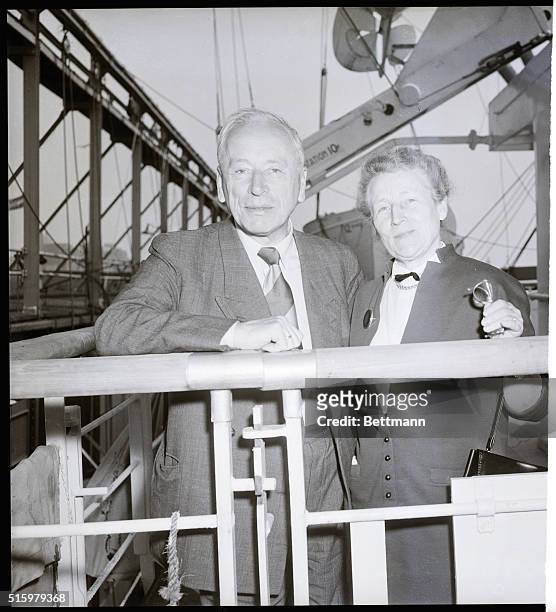 Hoboken, New Jersey- Professor Fritz Zernike and his wife, Helen, aboard the liner Ryndam after it arrived at Hoboken. Professor Zernike, winner of...