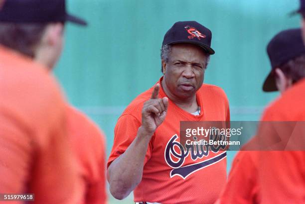 Sarasota, FL- Orioles' manager Frank Robinson, the only man to be voted MVP in the National and American leagues, discusses the ground rules of...
