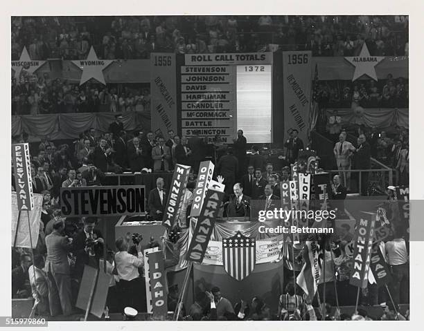 Chicago, IL- Together on the rostrum at the evening session of the Democratic National Convention here, August 17, are former President Harry Truman...