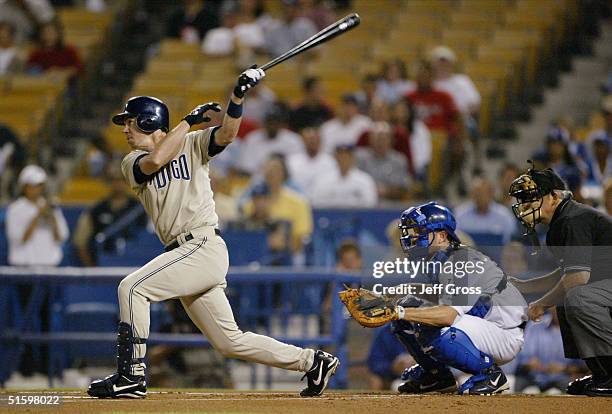 Infielder Mark Loretta of the San Diego Padres bats during the game against the Los Angeles Dodgers on September 15, 2004 at Dodger Stadium in Los...