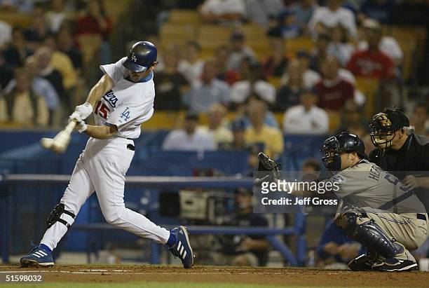 Infielder Shawn Green of the Los Angeles Dodgers bats during the game against the San Diego Padres on September 15, 2004 at Dodger Stadium in Los...