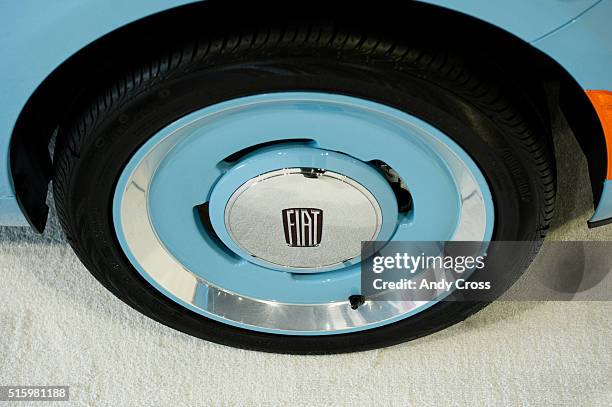 March 16: Wheel and hub cap of on a Fiat 500C Lounge Cabrio on display at the Denver Auto Show at the Colorado Convention Center March 16, 2016. The...