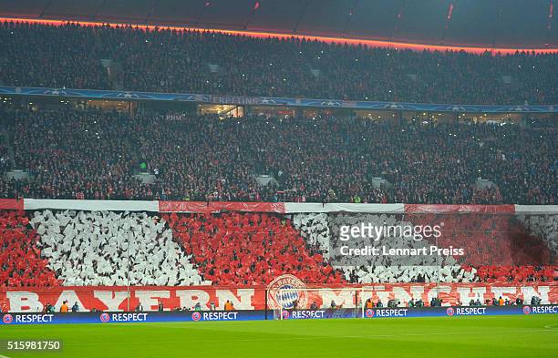 Fans of Bayern Muenchen display a banner prior to the UEFA Champions League Round of 16 second leg match between FC Bayern Muenchen and Juventus...