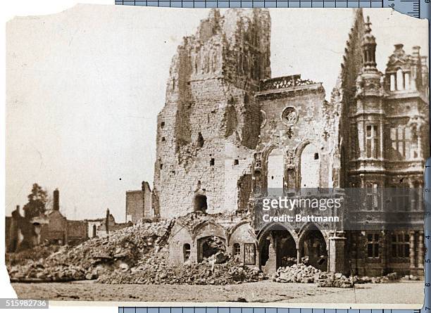 View of World War I destruction at Arras, France. Shows the ruined remains of a church. Undated photograph.