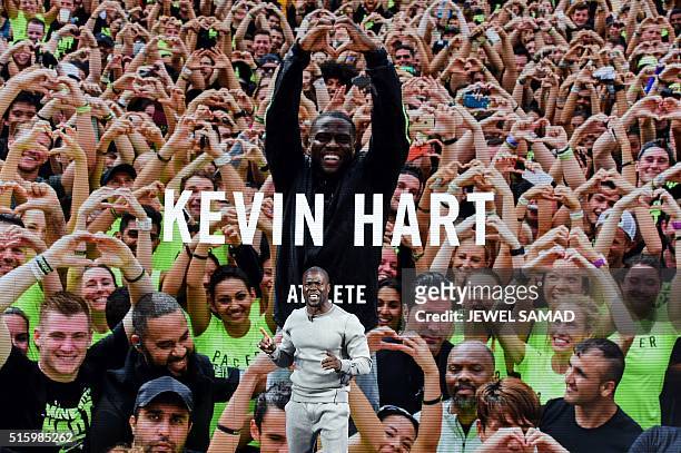 Actor/comedian Kevin Hart speaks during an event to unveil Nike's latest innovative sports products in New York on March 16, 2016. Nike revealed a...