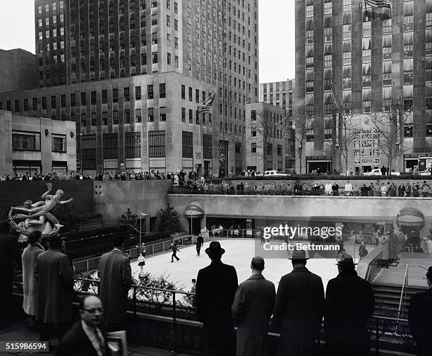 New York City: The sunken garden at Rockefeller Center used as a skating rink during cold seasons. Undated Photo.