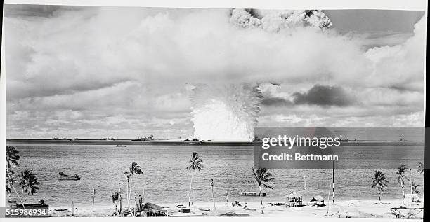 Mushroom cloud from the detonation of an atomic bomb at Bikini Atoll during Operation Crossroads.