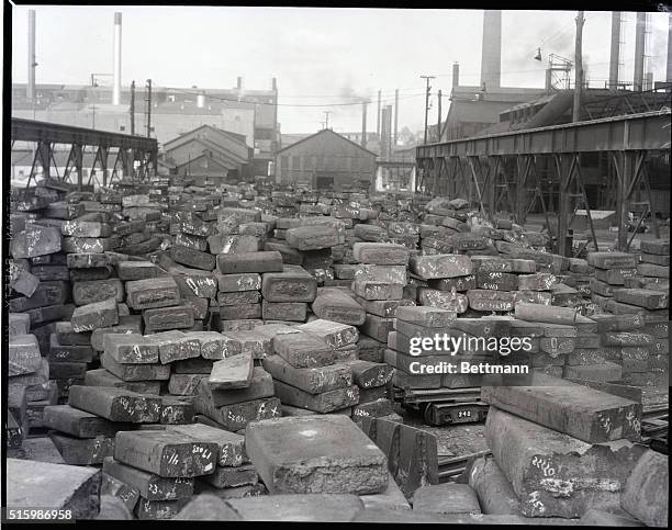 Coatesville, PA - Luken Steel Company - Ingot stock yard. Photograph shows piles of steel ingots on the exterior of the stell plant.