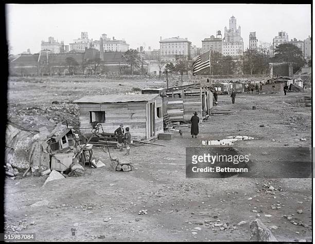 New York City: Depression shacks "Hoover Village" in the old Central Park reservoir. Undated photograph.