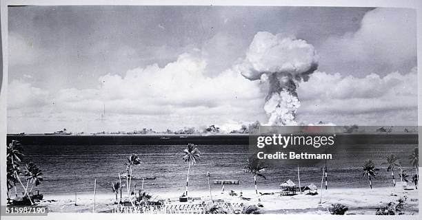 Mushroom cloud seen from Eneu Island, resulting from an atomic explosion of "Able" during Operation Crossroads, July 1, 1946. | View from: Eneu.