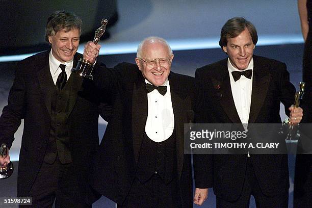 Producer David Franzoni , Branko Lustig and Douglas Wick hold their Oscars for Best Picture for "Gladiator"at the 73rd Annual Academy Awards at the...
