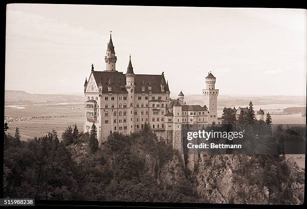 Neuschwanstein Castle, built by King Ludwig II of Bavaria, about 10 miles from Oberammergau, Germany. Undated photograph.