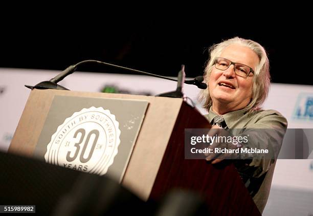 Author Bruce Sterling speaks onstage at 'Closing Remarks: Bruce Sterling' during the 2016 SXSW Music, Film + Interactive Festival at Austin...