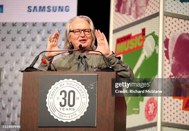 Author Bruce Sterling speaks onstage at 'Closing Remarks: Bruce Sterling' during the 2016 SXSW Music, Film + Interactive Festival at Austin...